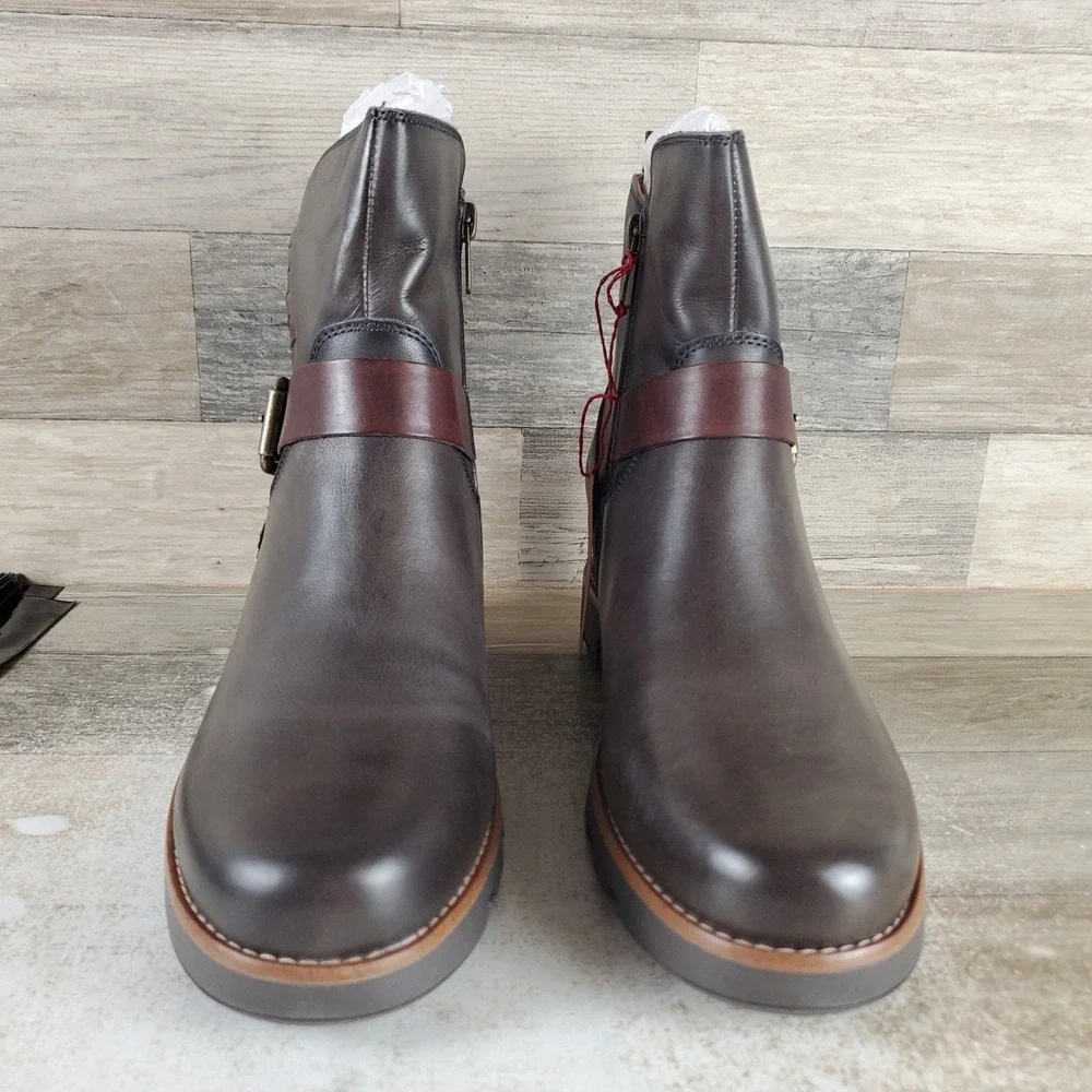 Pikolinos Sanlucar W8F Womens Ankle Boots Sz 10.5 Lead Leather Buckle Side Zip